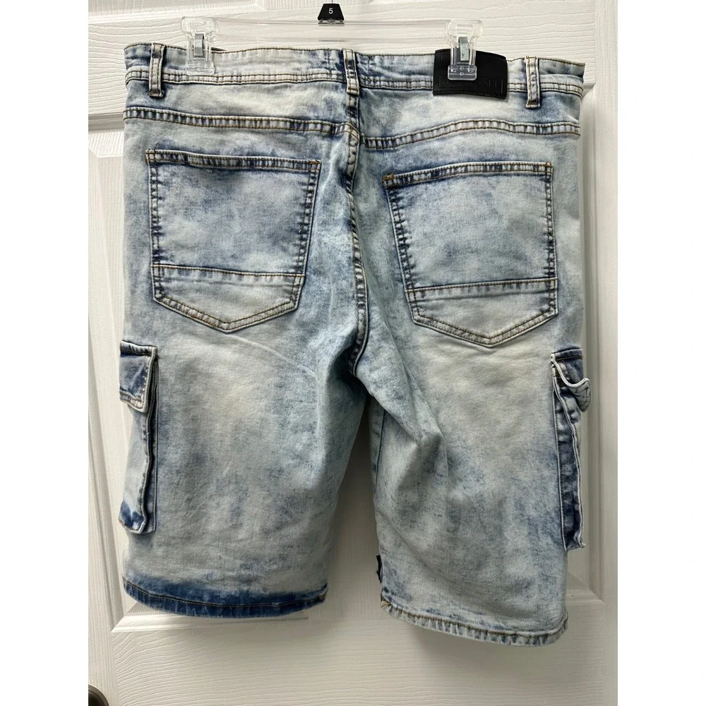 Rock‎ Salt Mens Distressed Paint Splatter Denim Cargo Shorts Light Wash Size 38
